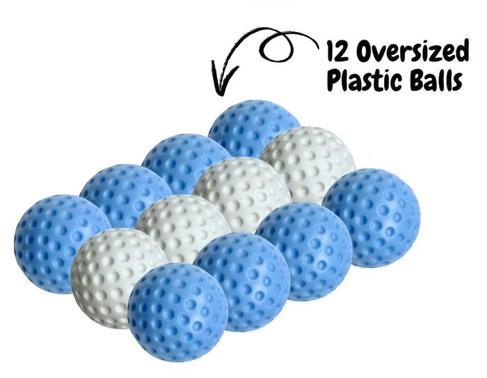 Twelve blue and white dimpled plastic balls in a pile with text reading 12 Oversized Plastic Balls.