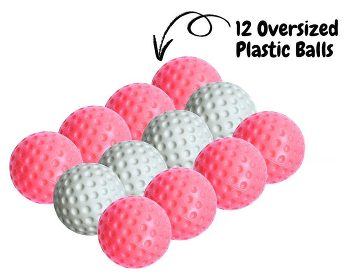 Twelve pink and white dimpled plastic balls. Text reads 12 Oversized Plastic Balls with a pointing arrow.