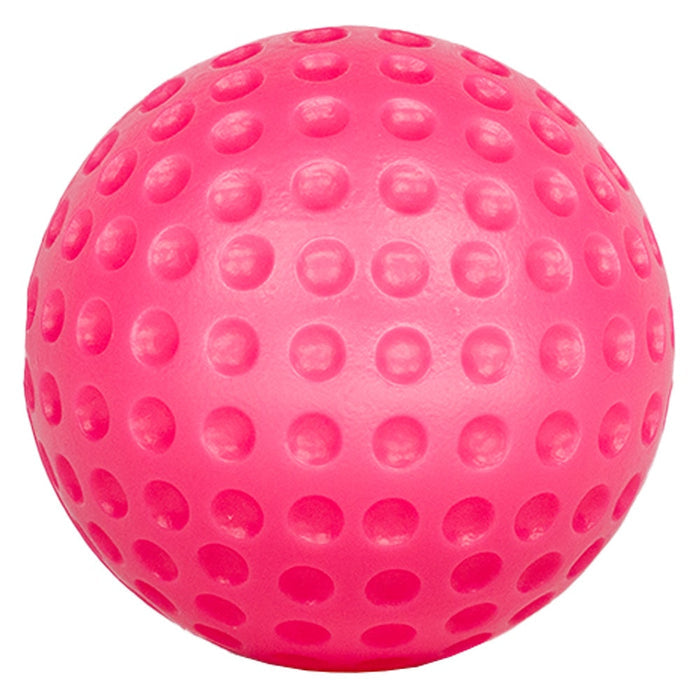 Hot pink plastic golf ball with a textured dimpled surface.