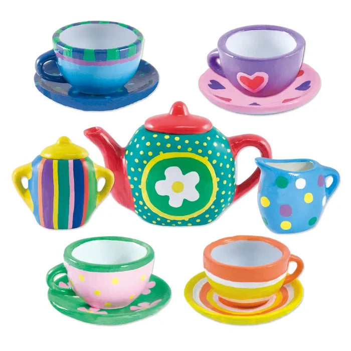 Colorful hand-painted toy tea set with a teapot, four cups with saucers, sugar bowl, and creamer in bright patterns.