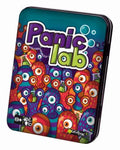 Metal game tin with colorful, multi-eyed cartoon microbes, bubbles, and beakers on a dark blue background.