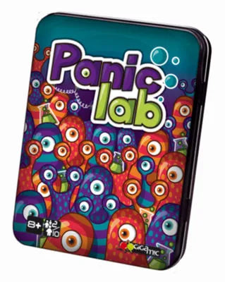 Metal game tin with colorful, multi-eyed cartoon microbes, bubbles, and beakers on a dark blue background.