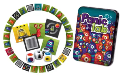 Colorful tin beside a circle of square monster cards, dice, and tiles featuring bright, multi-eyed cartoon creatures.