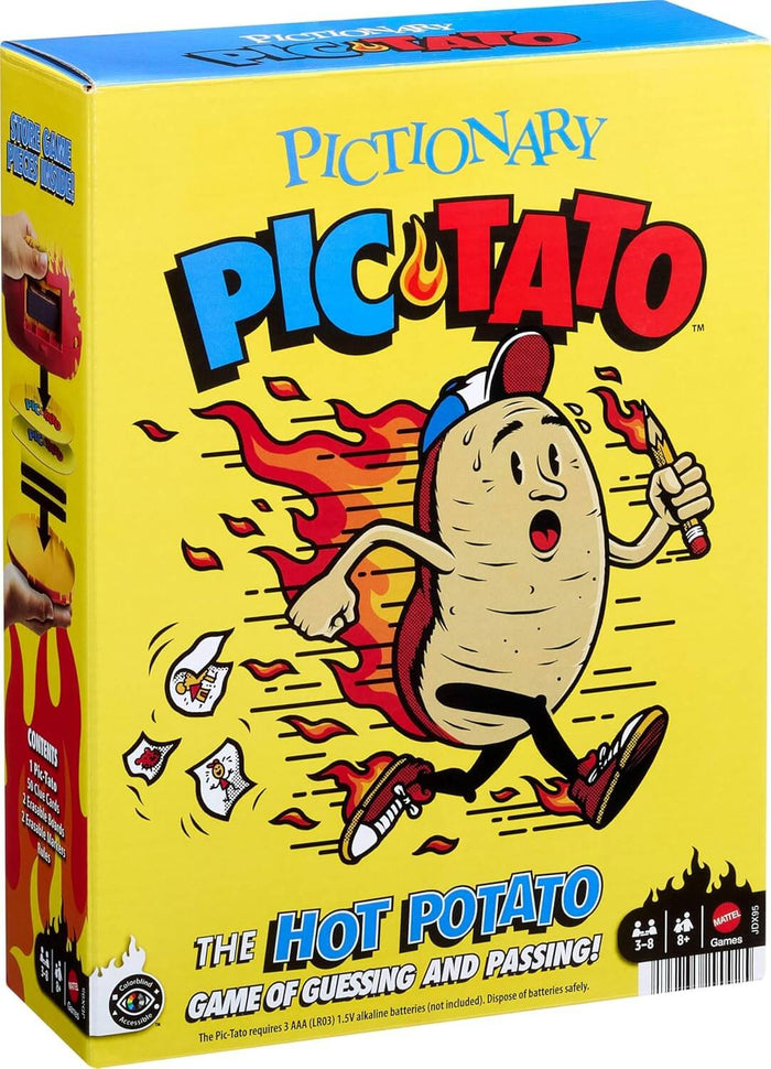 Yellow game box for Pictionary Pic-Tato featuring a running cartoon potato trailing flames and holding a pencil.