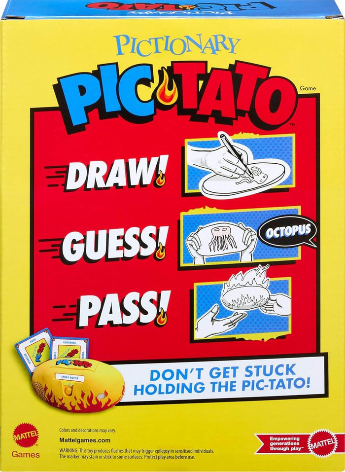 Red Pictionary Pic-Tato box with comic-style panels showing how to draw, guess, and pass a flaming potato toy.