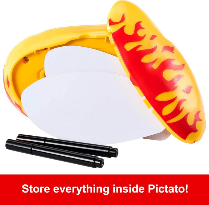 Yellow potato case with red flames, open to show two white drawing pads and two black markers.