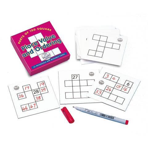 Pink box with white grid cards, some showing red handwritten numbers, and a red dry-erase marker.