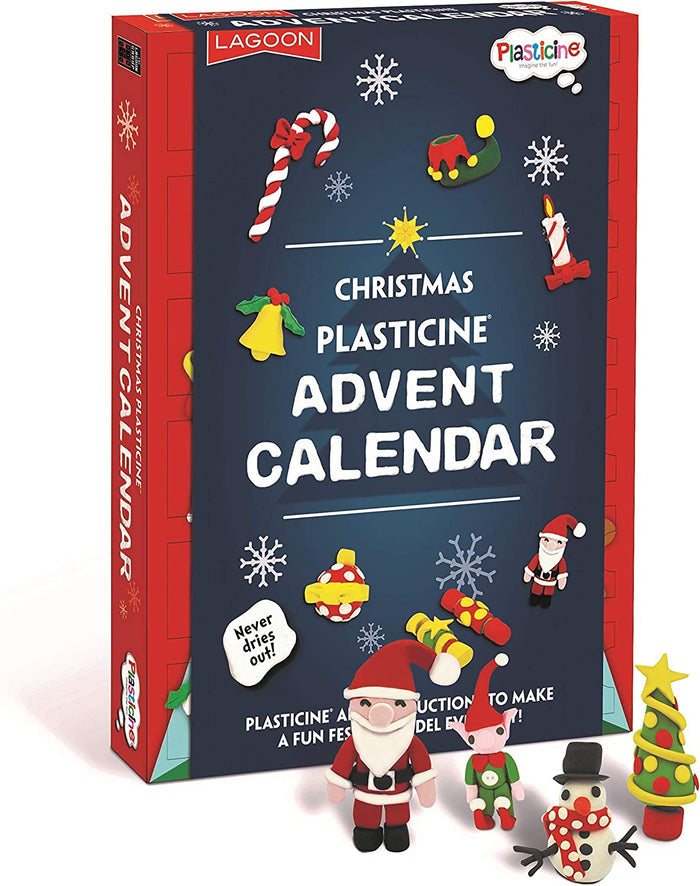 Blue and red advent calendar box featuring molded clay Santa, elf, and snowman figures and festive holiday designs.