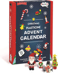 Blue and red advent calendar box featuring molded clay Santa, elf, and snowman figures and festive holiday designs.