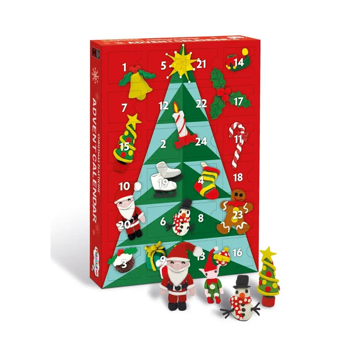 Red advent calendar box with 24 doors and colorful clay holiday figures including Santa, an elf, and a snowman.