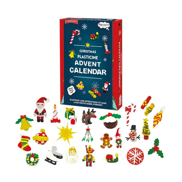 Blue festive box standing behind colorful clay figures of Santa, a reindeer, snowman, and various holiday decorations.