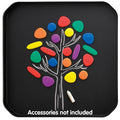 Square black play tray with a chalk-drawn tree and colorful smooth stones. Accessories not included.