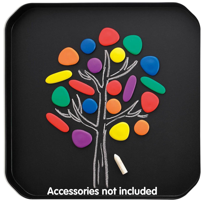 Square black play tray with a chalk-drawn tree and colorful smooth stones. Accessories not included.