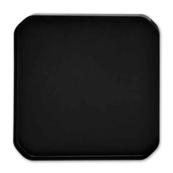 Top-down view of a square, solid black plastic activity tray with rounded corners and a shallow raised rim.
