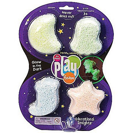 Purple pack with four glow-in-the-dark foam shapes: a yellow moon, green ghost, blue stocking, and pink star.