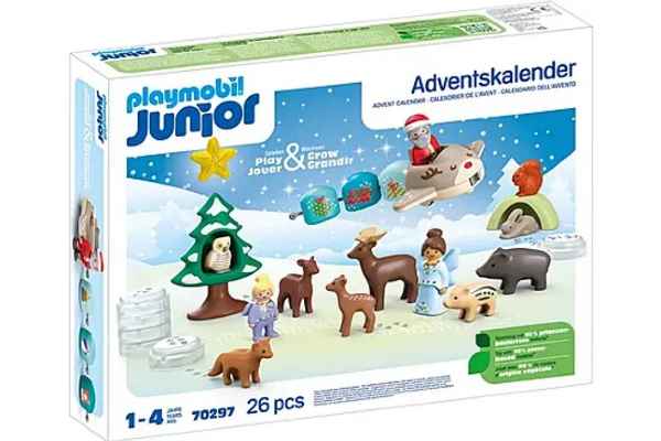White toy box featuring Santa in a plane, forest animals, and figures in a snowy winter landscape.