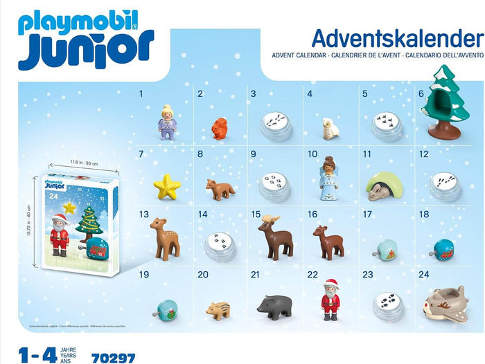 Playmobil Junior advent calendar featuring 24 numbered toys like forest animals and Santa on a blue snowy background.