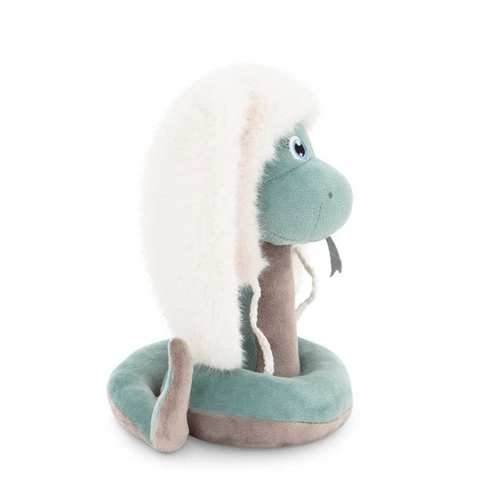 Coiled teal and tan plush snake with a white faux fur hood, blue eye, and grey felt tongue.