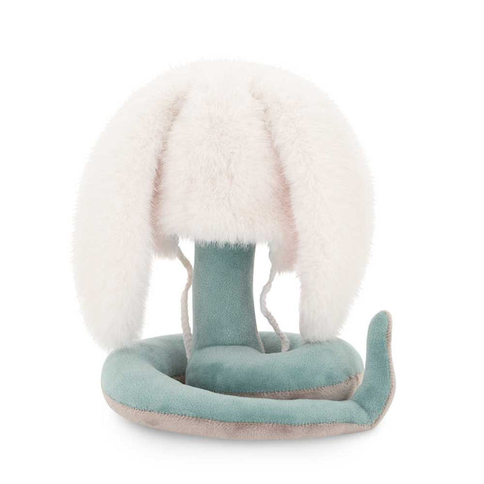 Coiled teal plush snake wearing a fluffy white faux fur hood with long bunny ears.