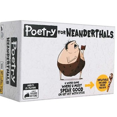 White Poetry for Neanderthals game box with a cartoon caveman reading and an orange icon for a bonus inflatable stick.