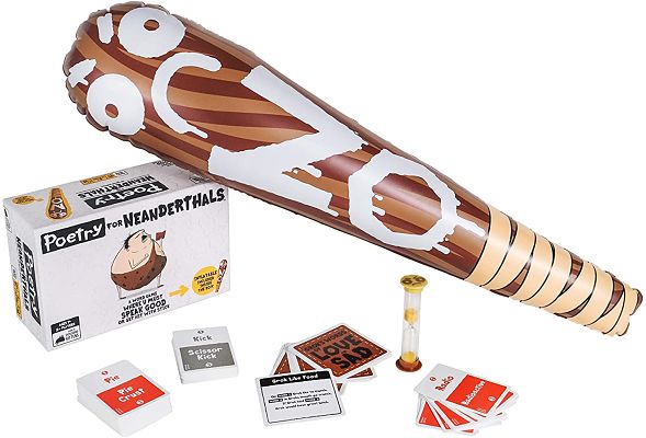 Inflatable brown club with NO!, white game box, red and white cards, and sand timer on a white background.