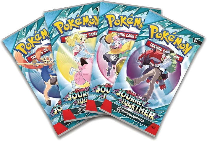 Four teal Pokémon booster packs fanned out, featuring character art of Lillie, Iono, and N on foil packaging.
