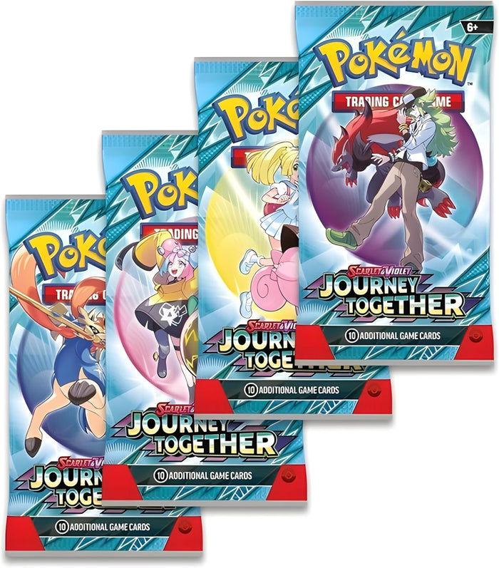 Four light blue Pokémon booster packs with characters Zacian, Iono, Lillie, and N against a crystalline background.