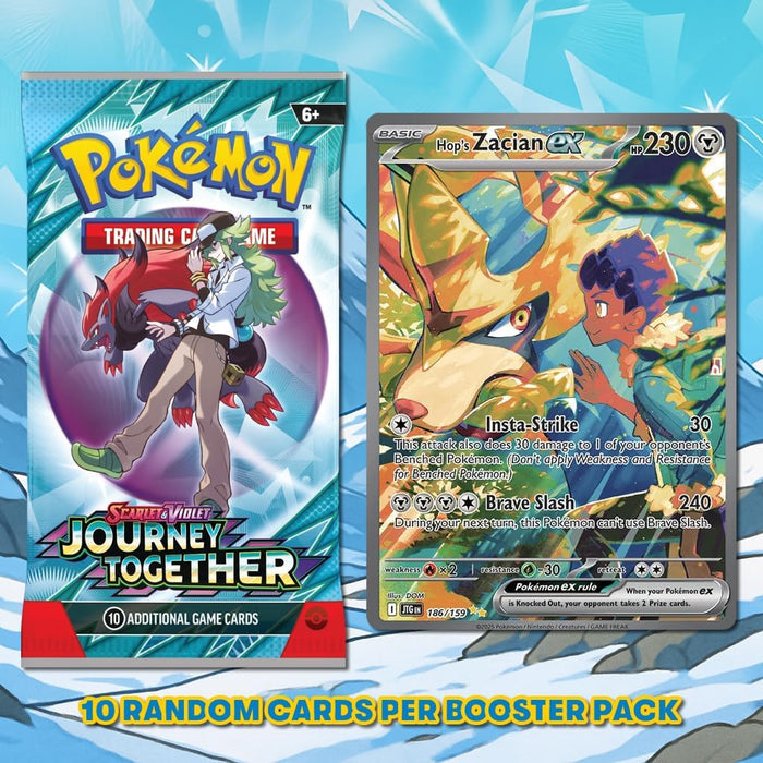 Pokemon Journey Together booster pack with Zoroark and a full art Hop's Zacian ex card on a blue icy background.