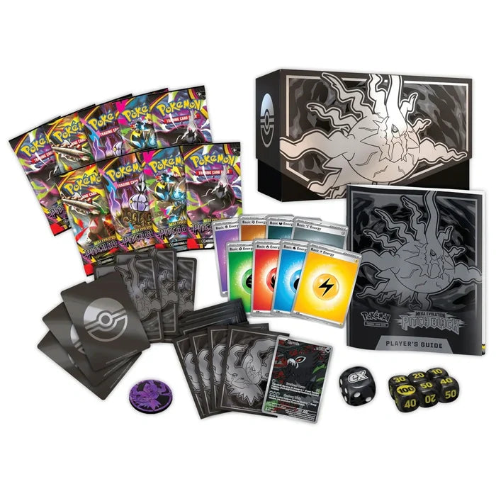 Black and silver Pokemon card set with booster packs, sleeves, energy cards, and dice featuring a creature silhouette.