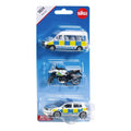Silver Siku toy police van, car, and motorcycle with blue and yellow checkered markings in a blister pack.