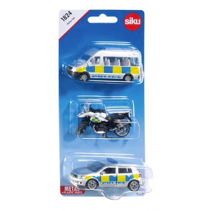 Silver Siku toy police van, car, and motorcycle with blue and yellow checkered markings in a blister pack.