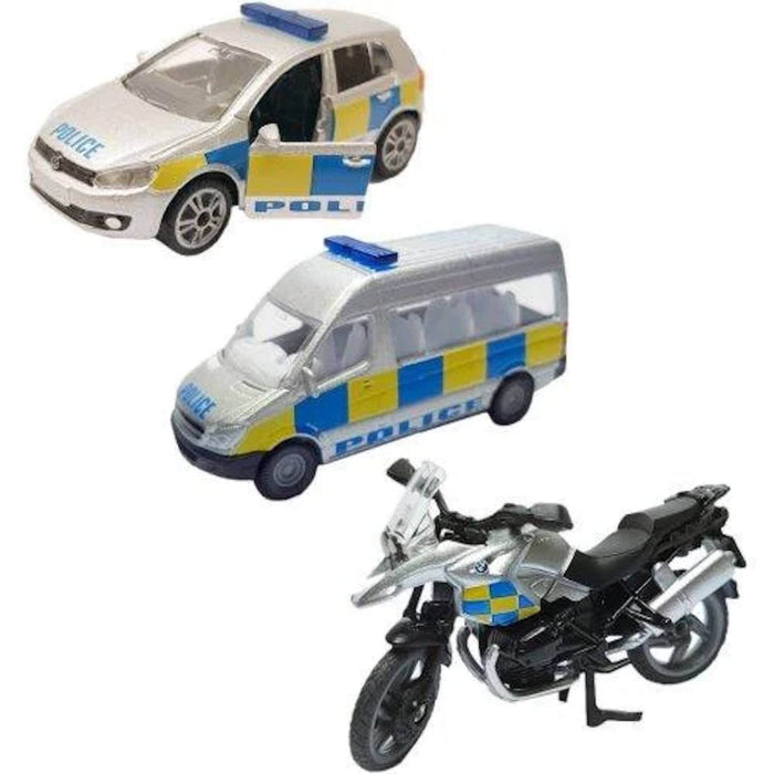 Silver toy police car with open door, van, and motorcycle featuring blue and yellow checkered patterns.