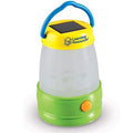 Toy lantern featuring a blue handle, yellow solar panel top, translucent middle, and green base with an orange button.