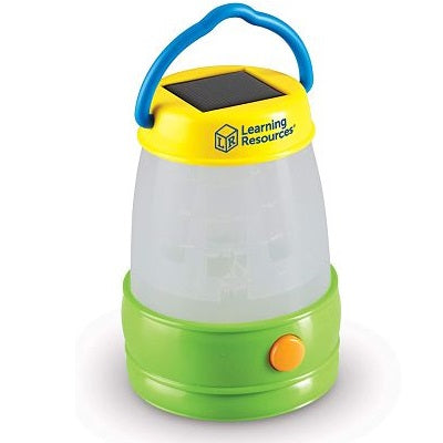 Toy lantern featuring a blue handle, yellow solar panel top, translucent middle, and green base with an orange button.