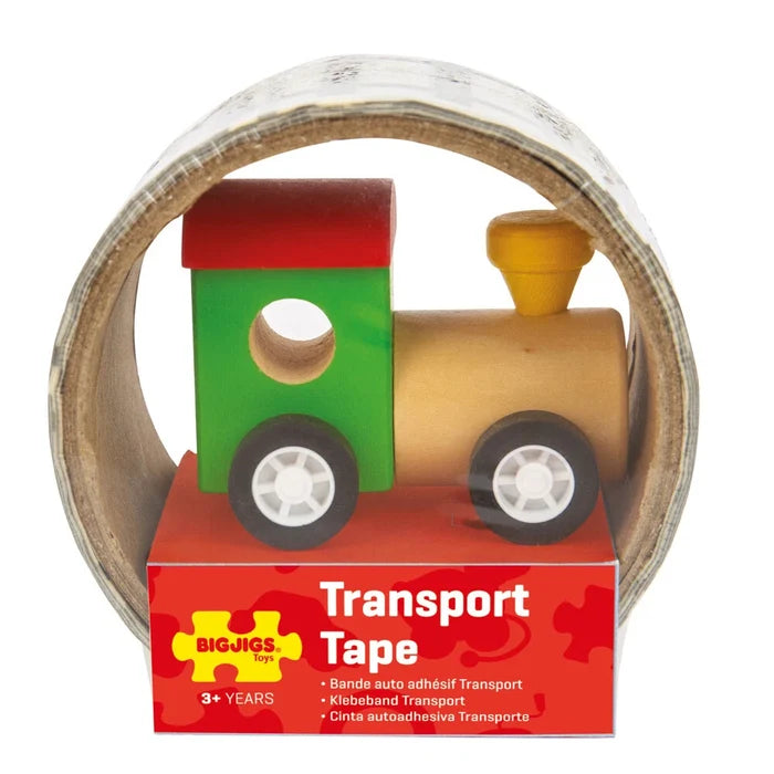 Small wooden toy train with red roof and green body inside a roll of road tape on a red cardboard display base.