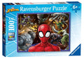 Blue Ravensburger 100 XXL puzzle box featuring comic art of Spider-Man surrounded by villains like Rhino and Venom.