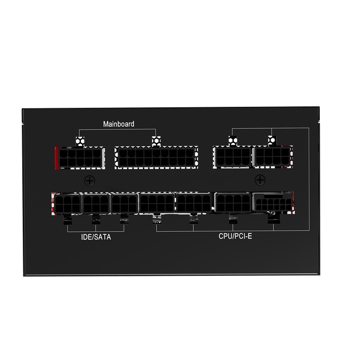 A black rectangular electronic panel or chassis with multiple terminal blocks and white schematic-style labels reading 'Mainboard', 'IDE/SATA', and 'CPU/PCI-E'.