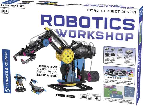 Robotics Workshop box showing a large yellow and black robotic arm, smaller robots, and colorful building pieces.