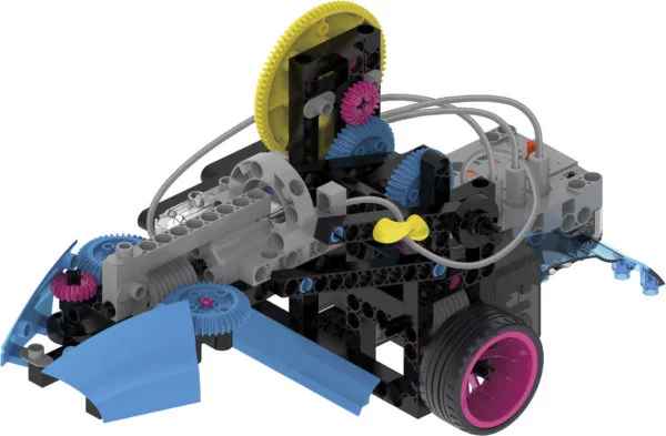 Intricate toy robot vehicle featuring colorful gears, pink wheels, grey tubes, and a complex black mechanical frame.