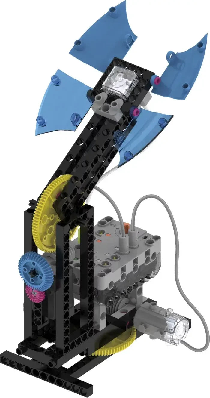 Motorized robotic arm with blue curved blades, black frame, and colorful gears connected to a grey control hub.