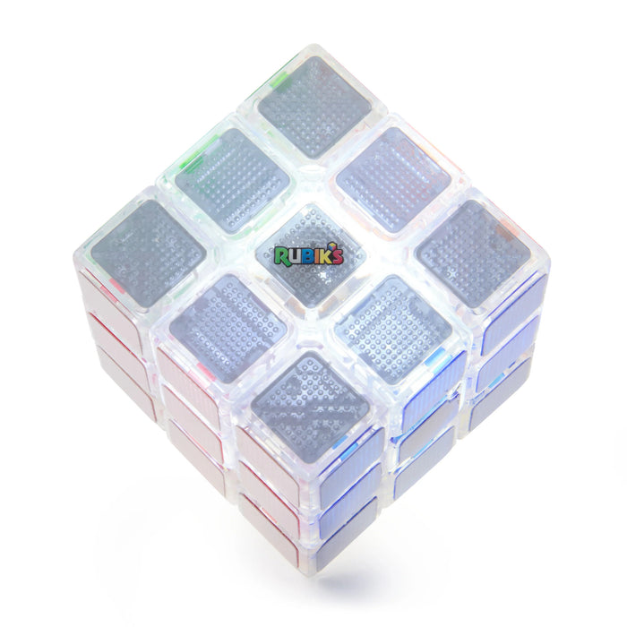 Transparent 3x3 Rubik's Cube with grey textured squares and colorful glowing panels on a white background.