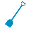 Long bright blue plastic toy shovel with a D-shaped handle and a flat scoop blade.