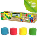 Blue, red, yellow, and green play dough mounds in front of a cardboard box featuring eco-friendly labels and models.