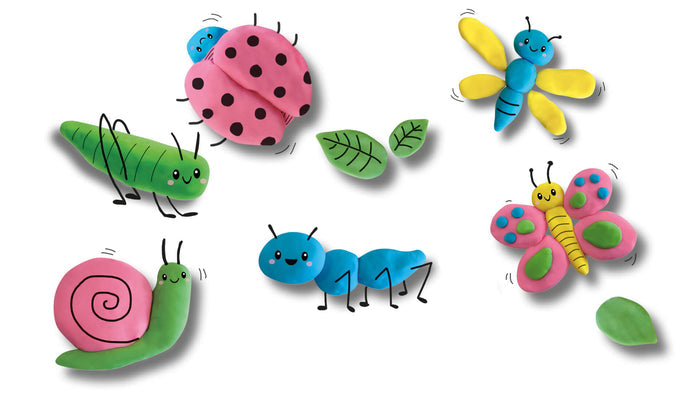 Colorful play dough models of a ladybug, bee, butterfly, grasshopper, caterpillar, and snail on a white background.