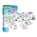 Blue storage tin with 28 domino tiles featuring colorful shapes, names, and photos of real-world objects.