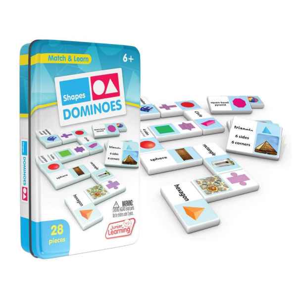 Blue storage tin with 28 domino tiles featuring colorful shapes, names, and photos of real-world objects.