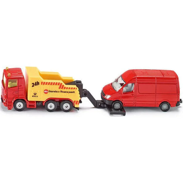 Red toy tow truck with a yellow service body towing a red van on a white background.