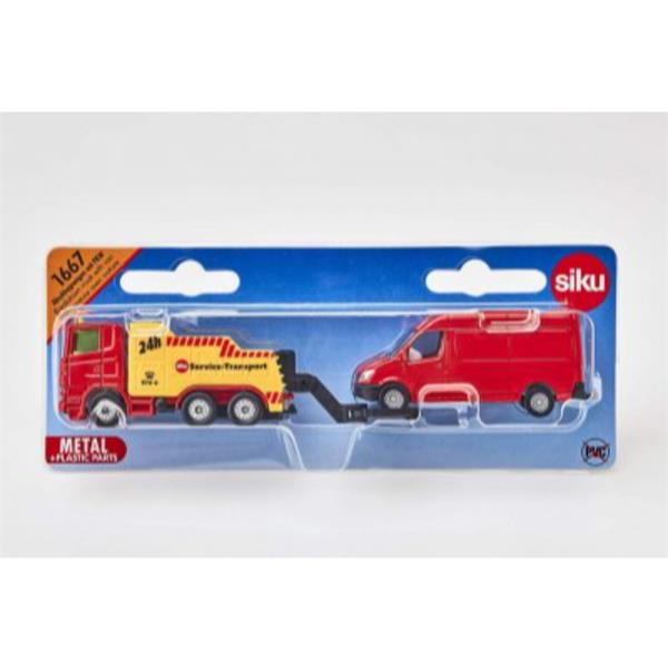 Red and yellow toy recovery truck towing a red van, in blue Siku blister packaging.