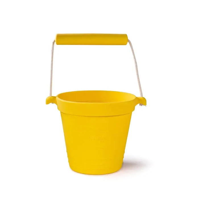 Bright yellow flexible silicone bucket featuring a white rope handle with a matching yellow grip.