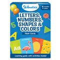 Skillmatics blue box of flash cards for ages 18m-4y featuring letters, numbers, shapes, colors, and a flamingo illustration.